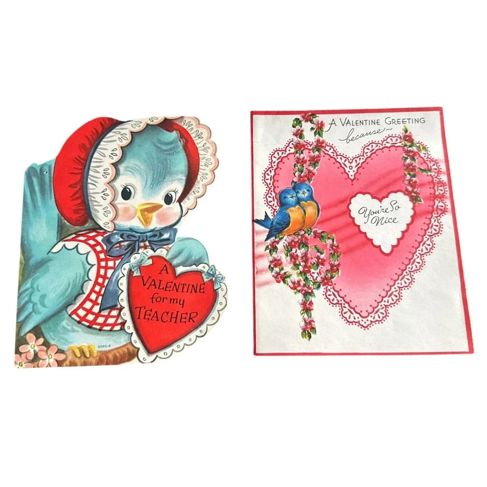 Vintage Valentines Day Cards Lot 2 Bluebird Teacher Wishing Well Greetings 1950s